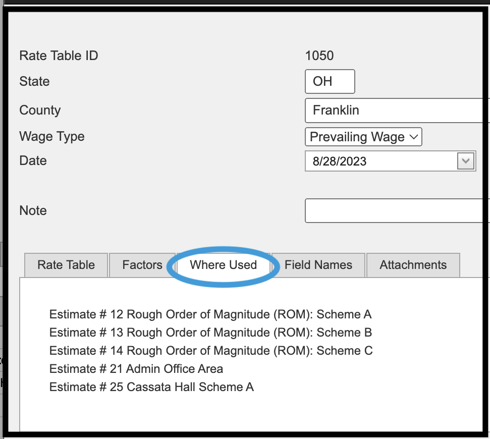 image of Where Used tab of Rate Table Maintenance