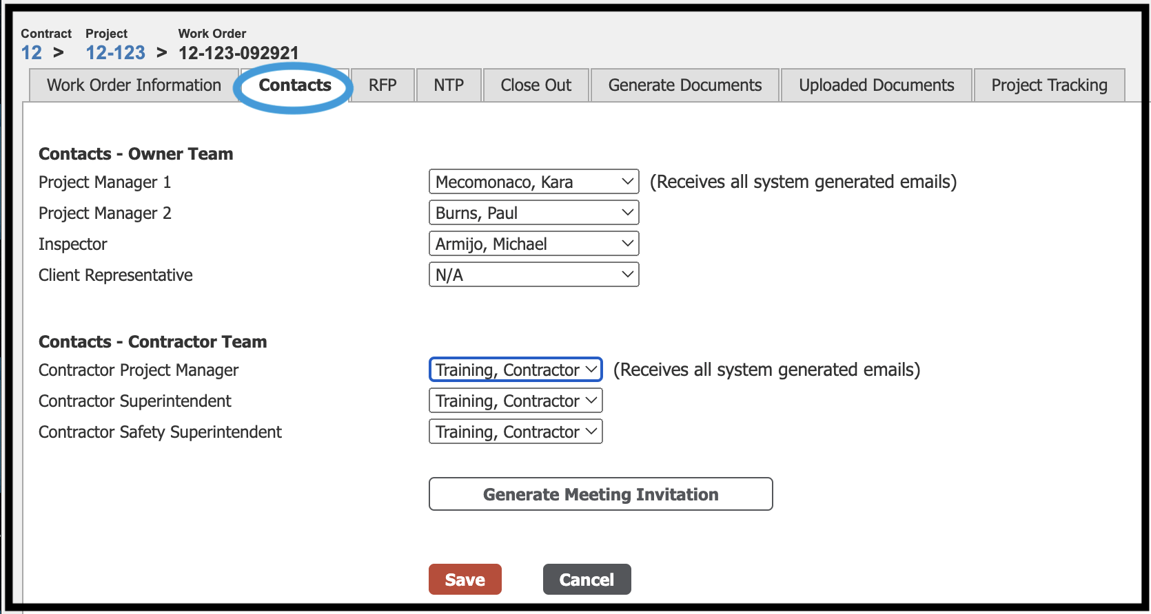 Contacts tab with sample content