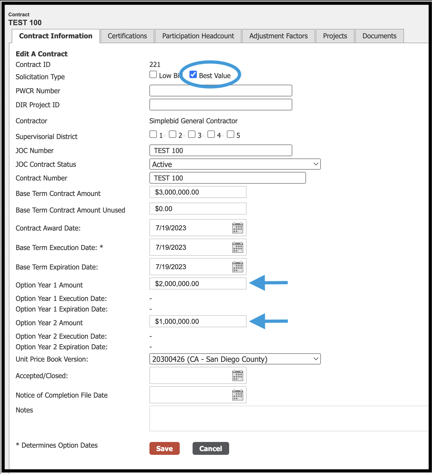 Best Value checkbox highlighted with Option Years on Contract Information tab