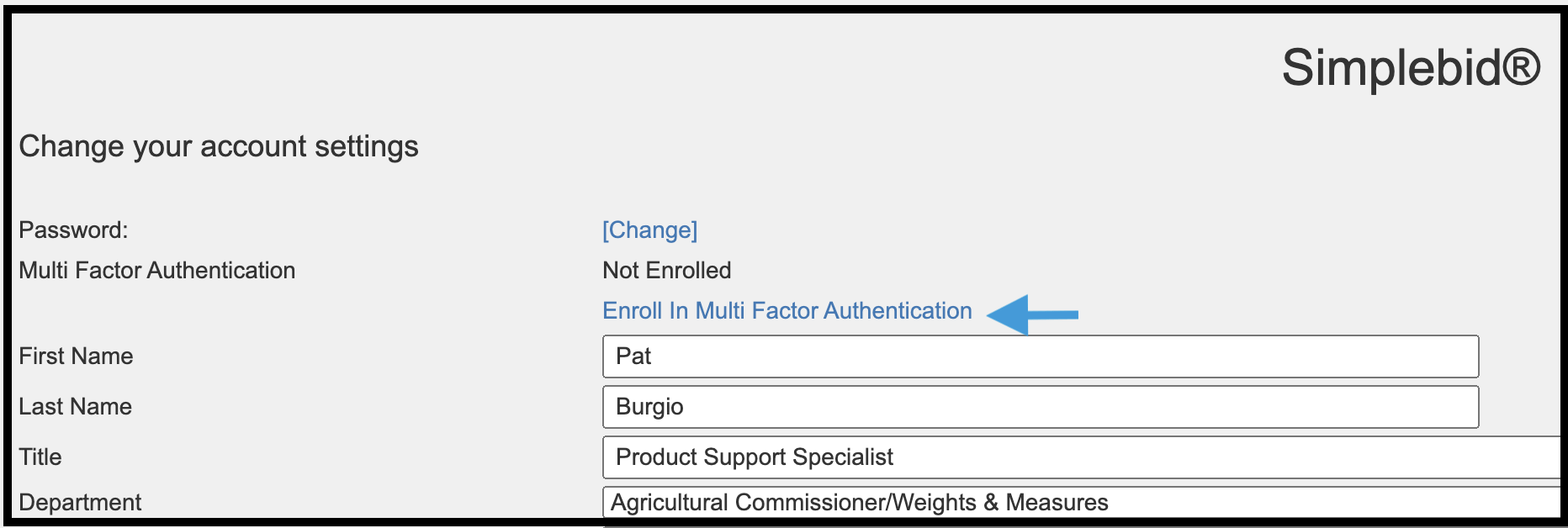 Enroll in Multi Factor Authentication link highlighted on account settings form