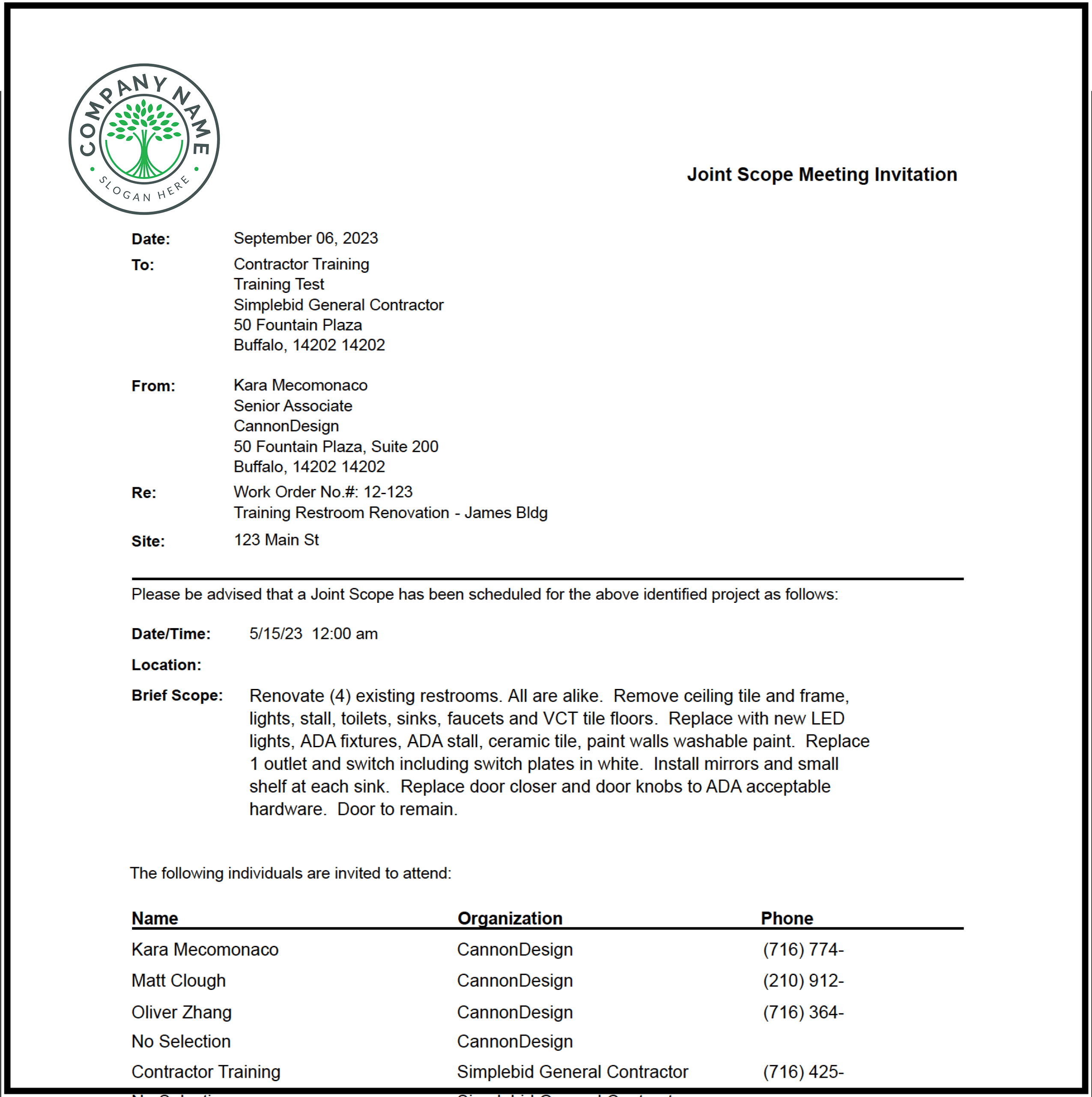 sample of system-generated Joint Scope Meeting invitation