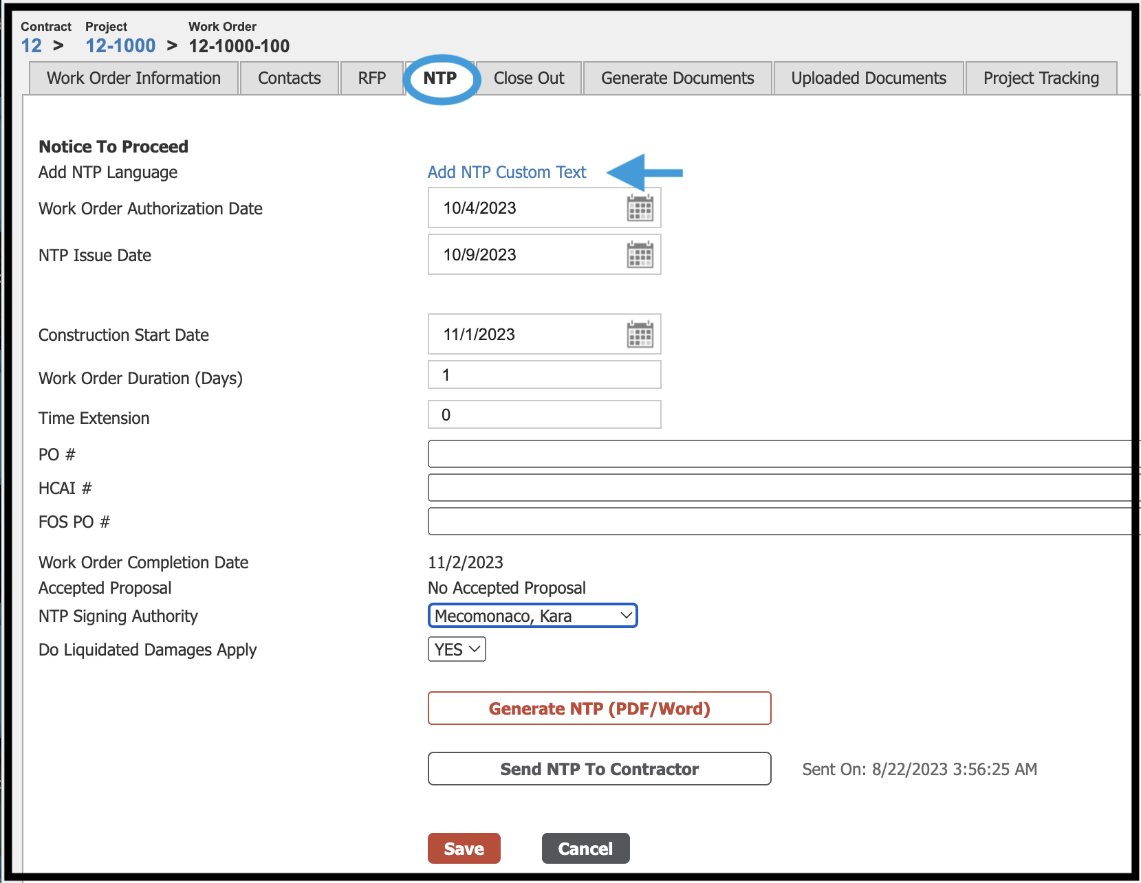 Work Order NTP (Notice to Proceed) tab