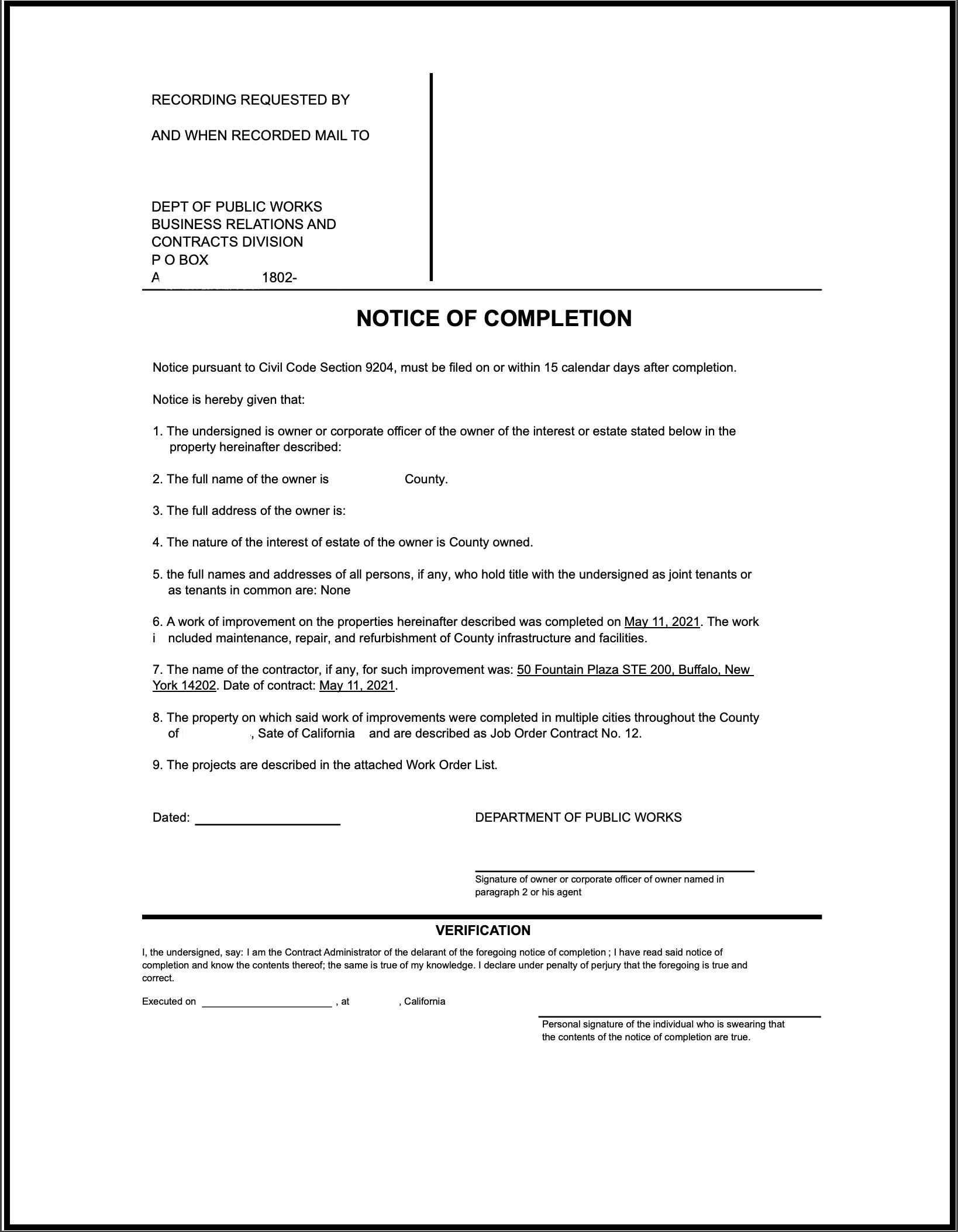 sample notice of completion