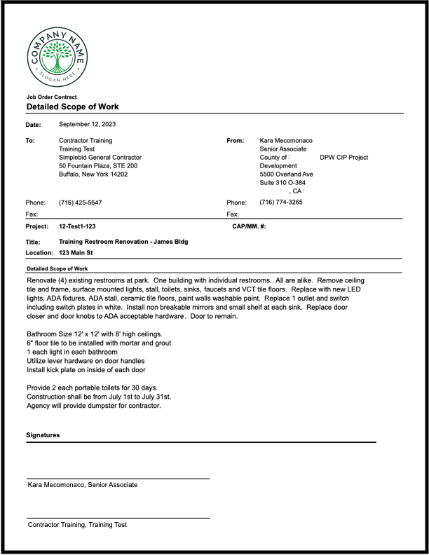 sample system generated Detailed Scope of Work document