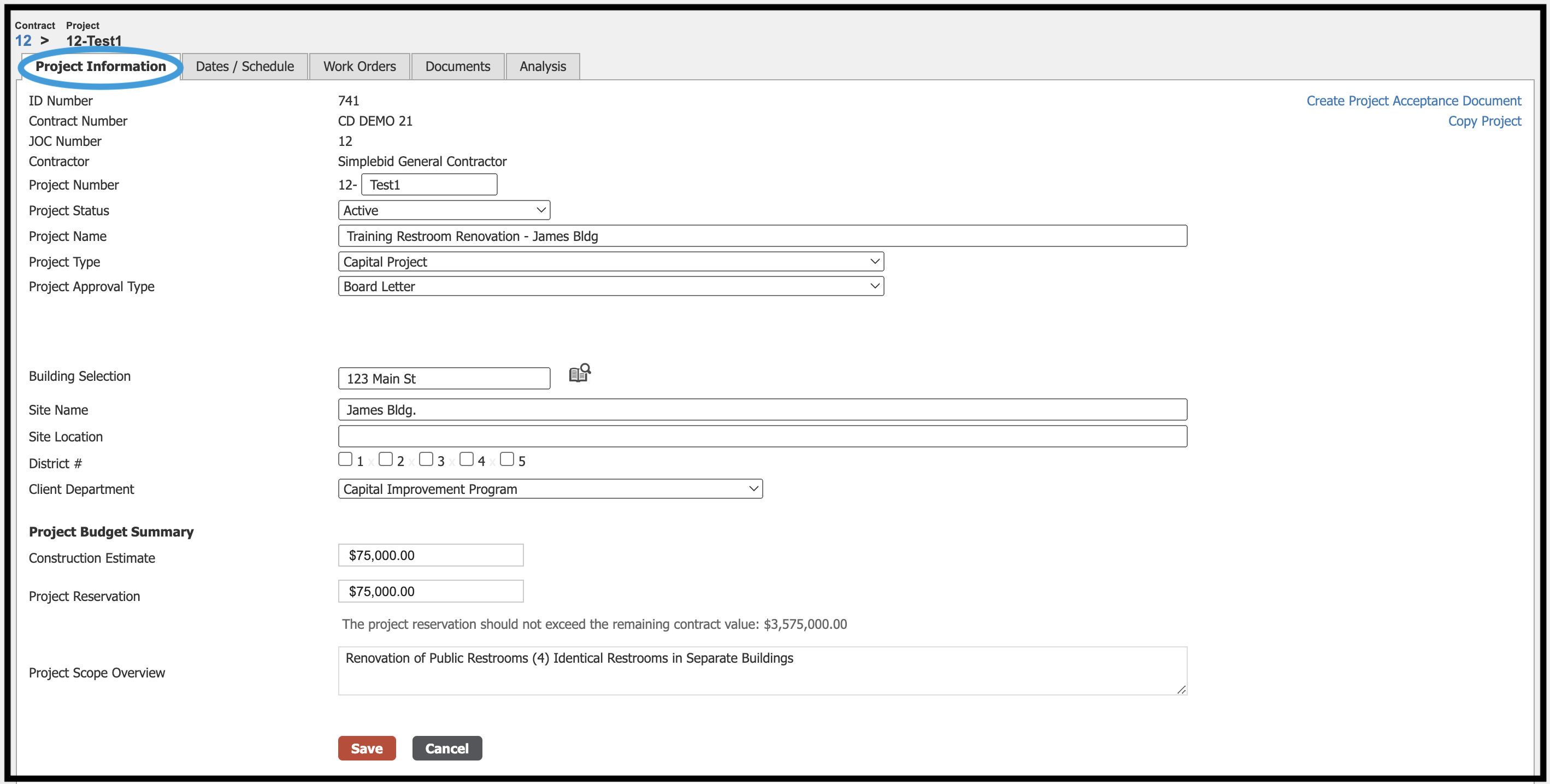 Project Information tab with sample content