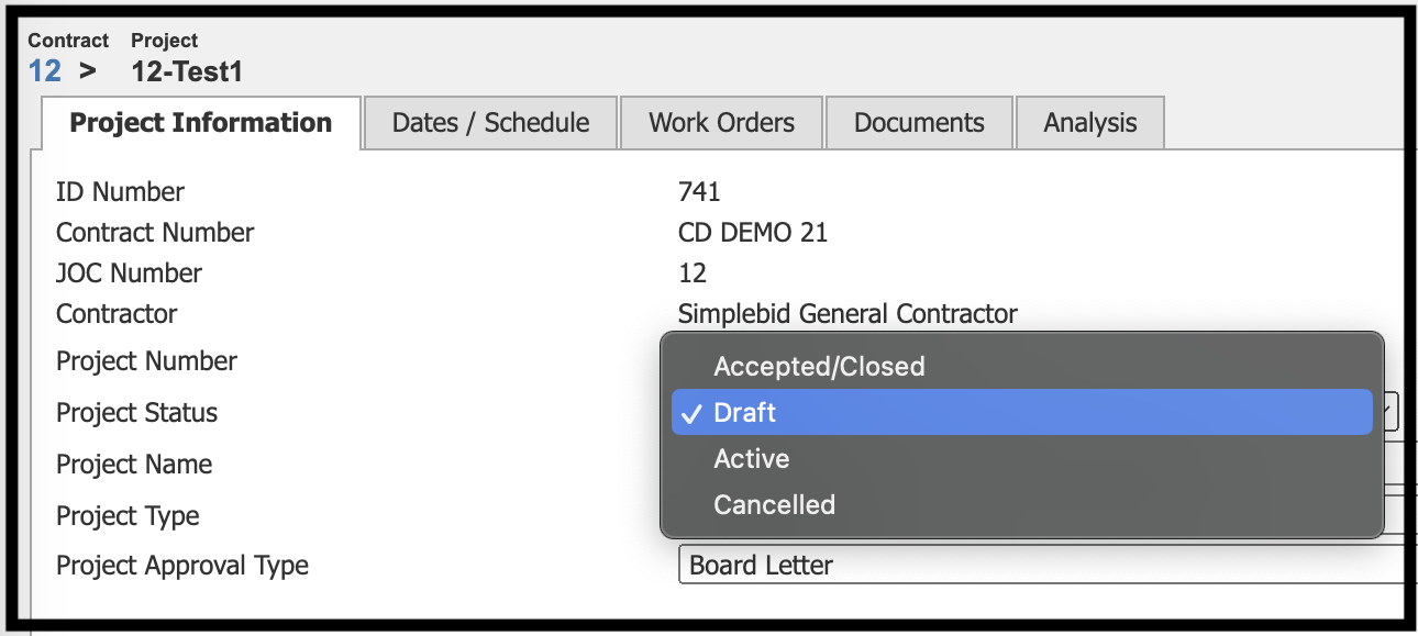 Project Information tab showing Project Status dropdown menu