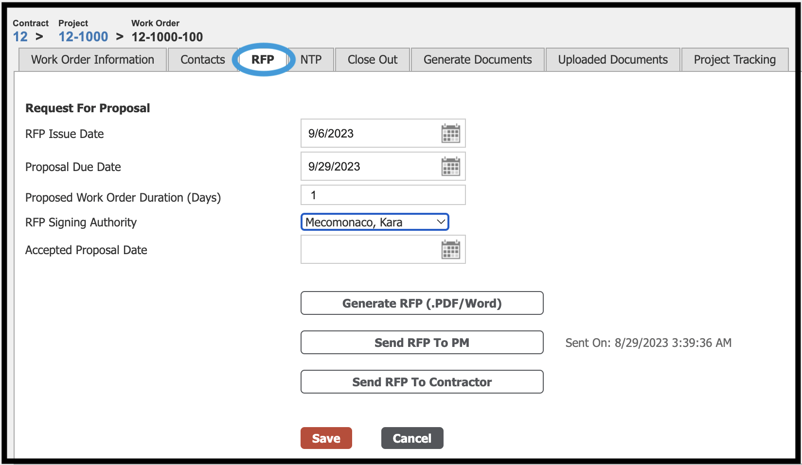 Work Order RFP (Request for Proposal) tab