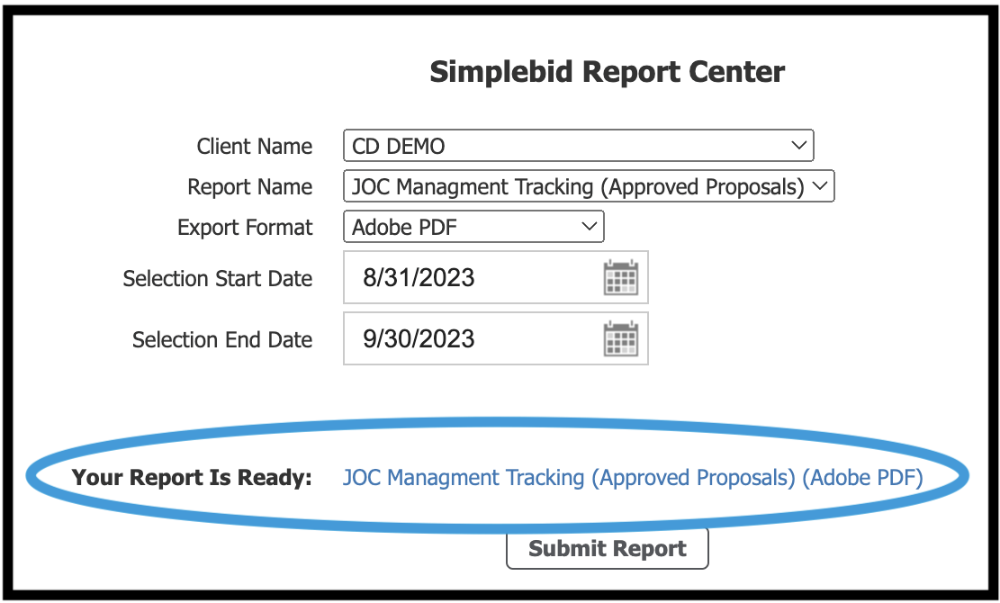 Simplebid Report Center highlighting link to downloaded report