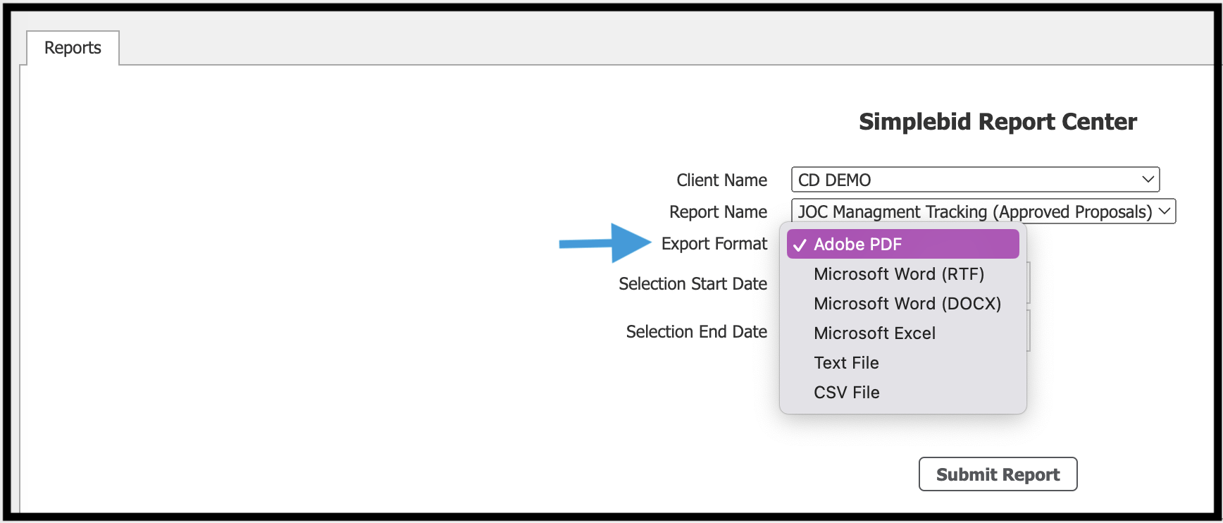 Reports module highlighting Export Format dropdown menu