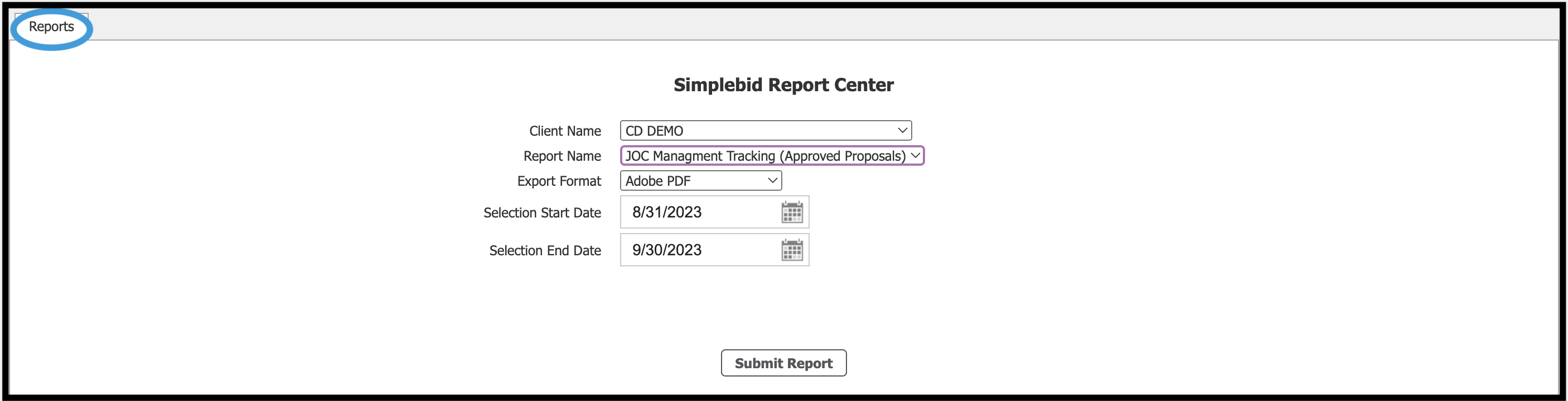 Reports module main screen