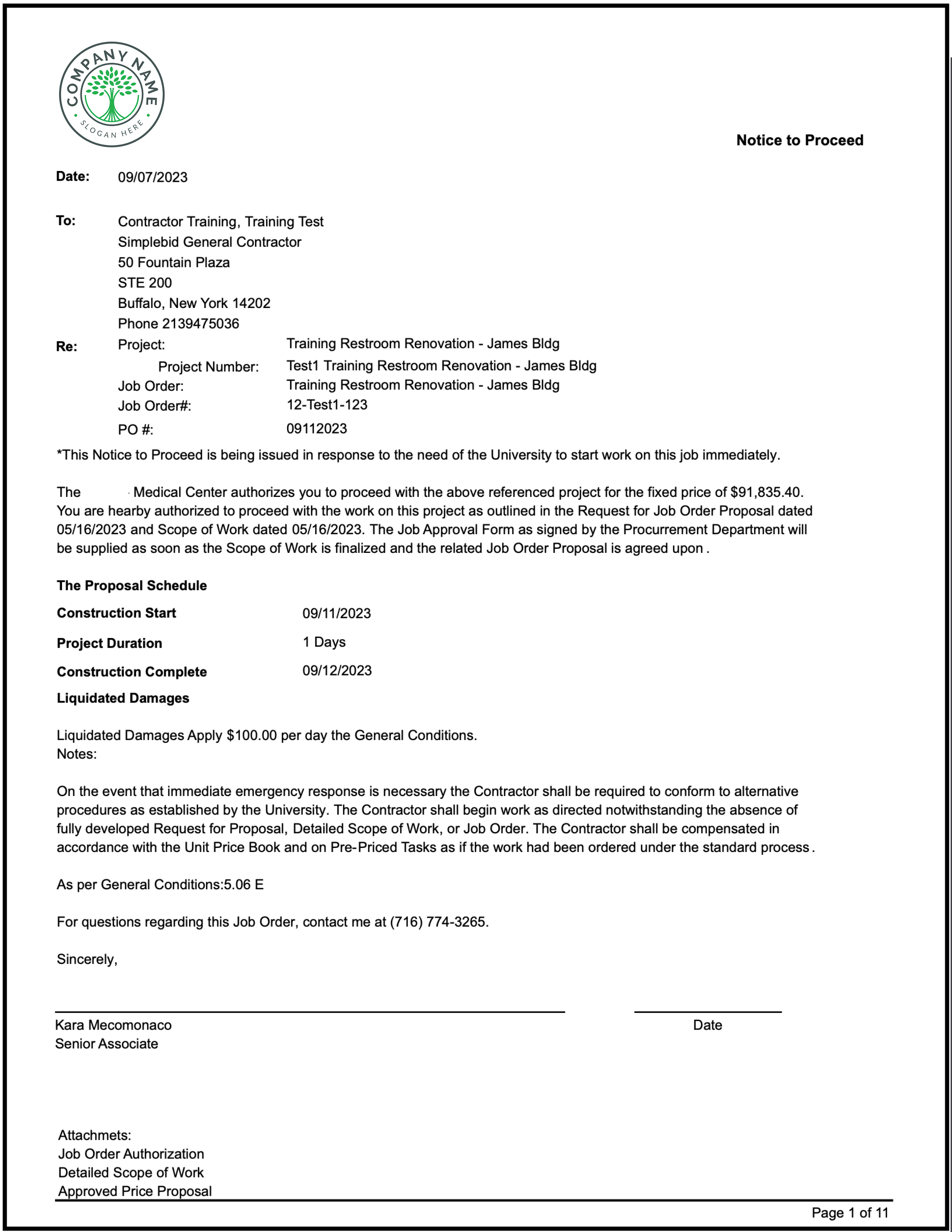 sample system-generated Notice to Proceed document