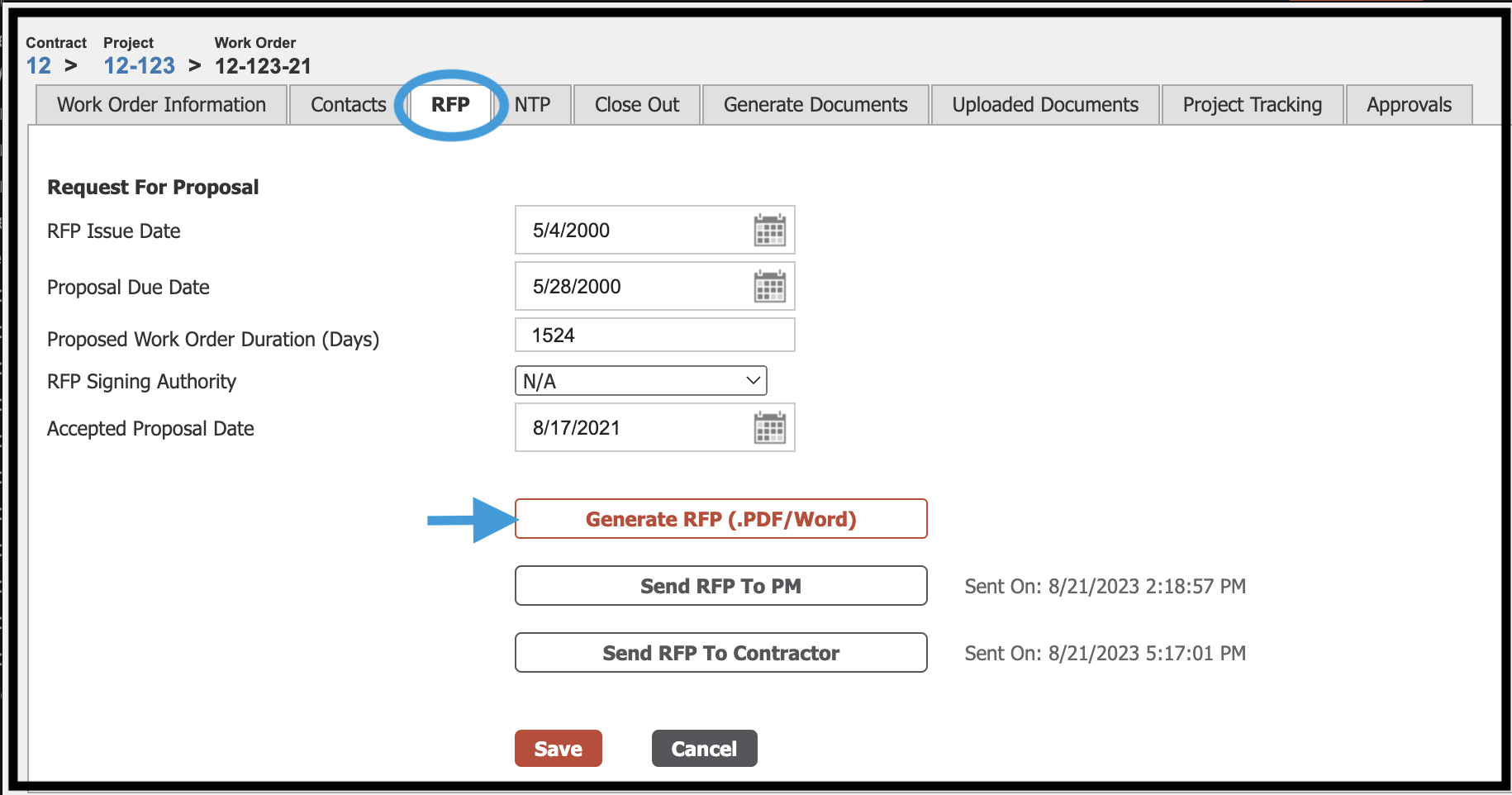 RFP tab with Generate RFP button highlighted