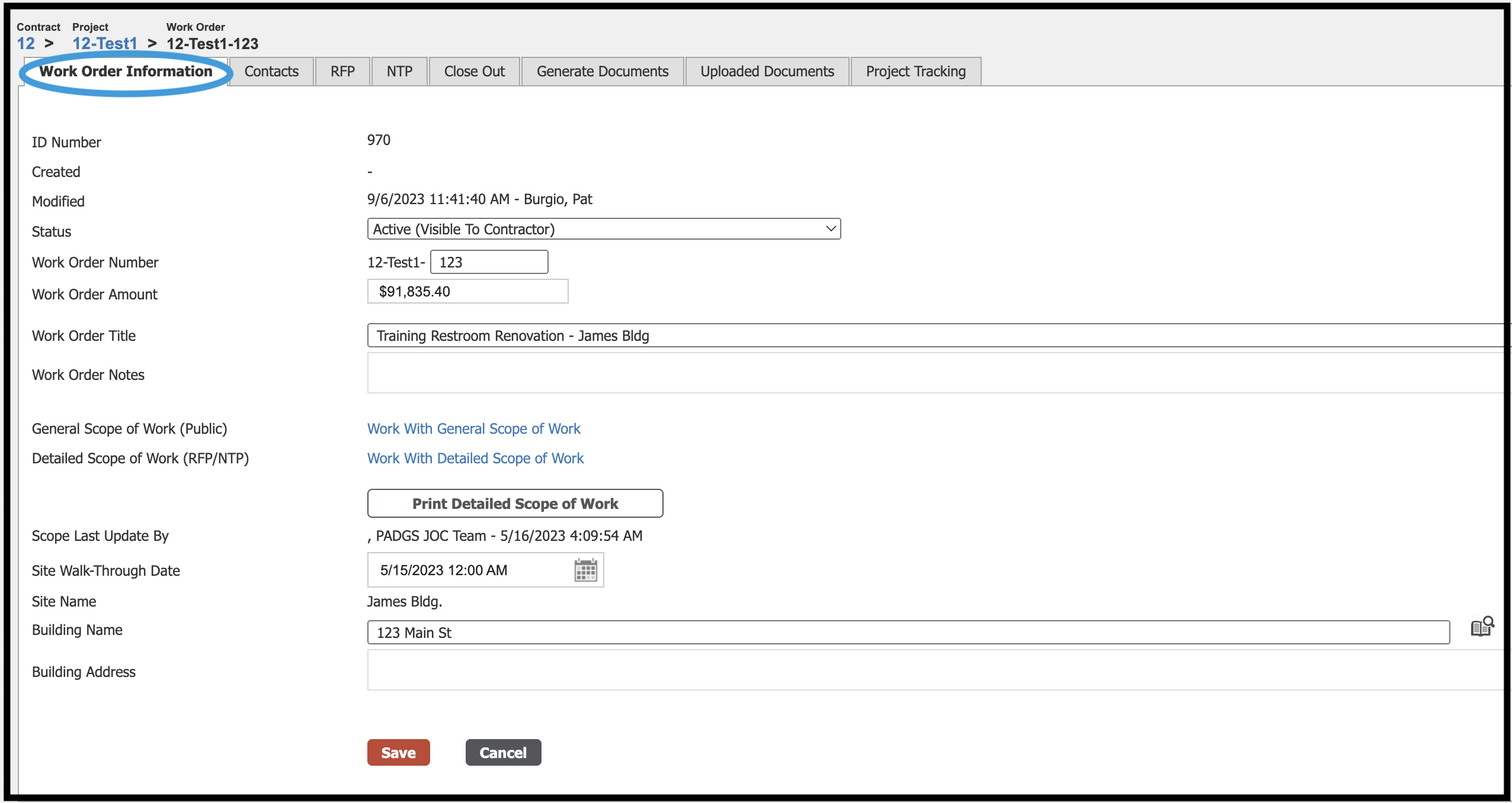 Work Order Information tab with sample content