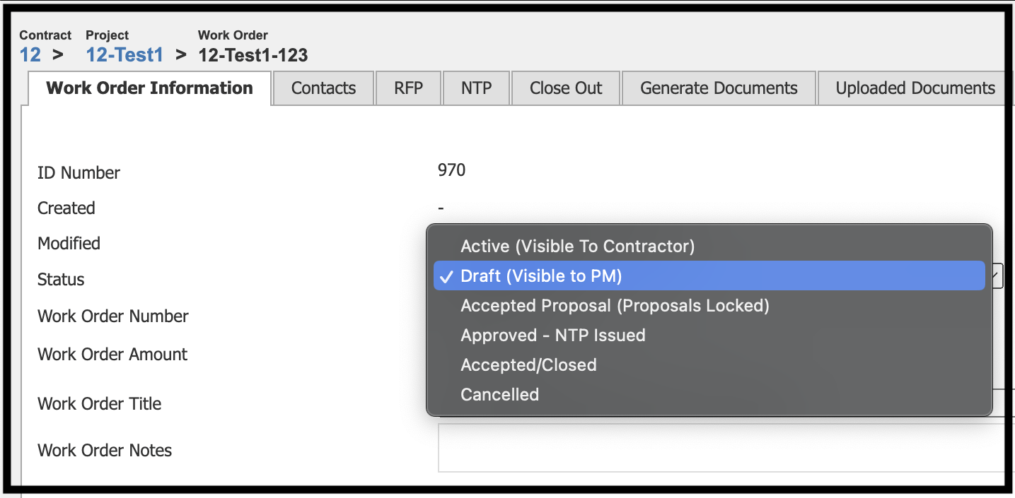 Work Order Information tab showing Status dropdown menu