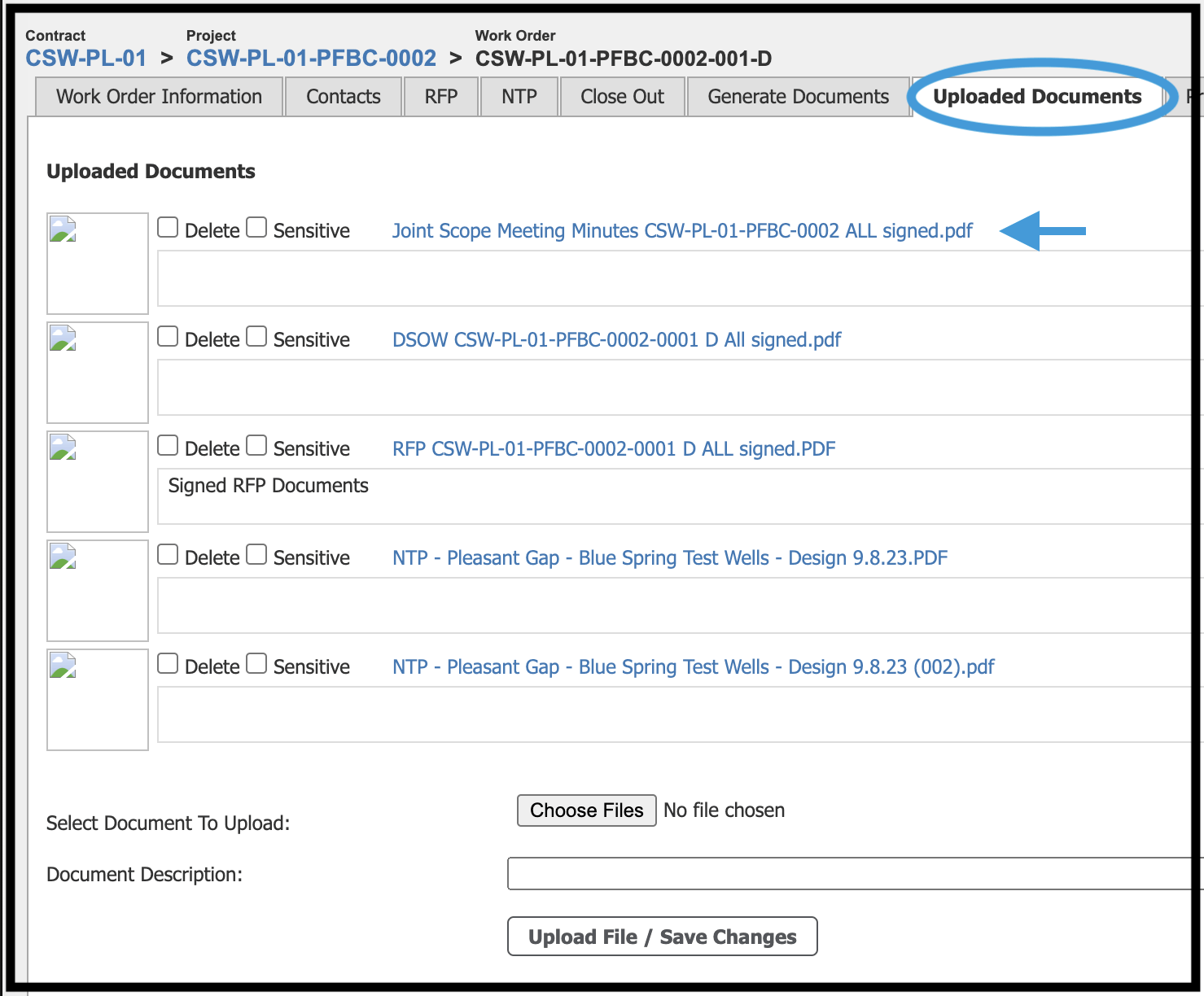 Work Order Uploaded Documents tab with samples