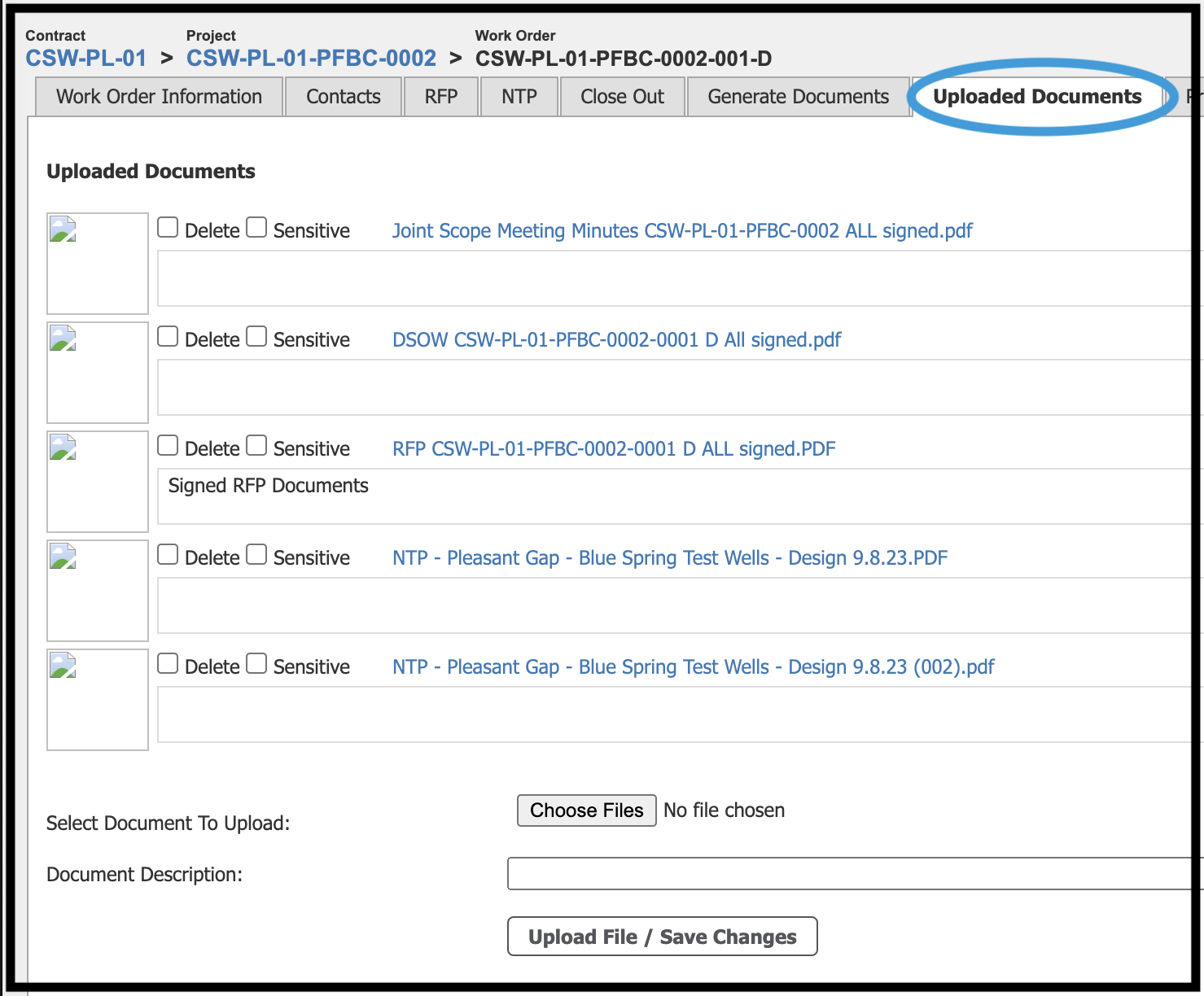 Work Order Uploaded Documents tab with samples