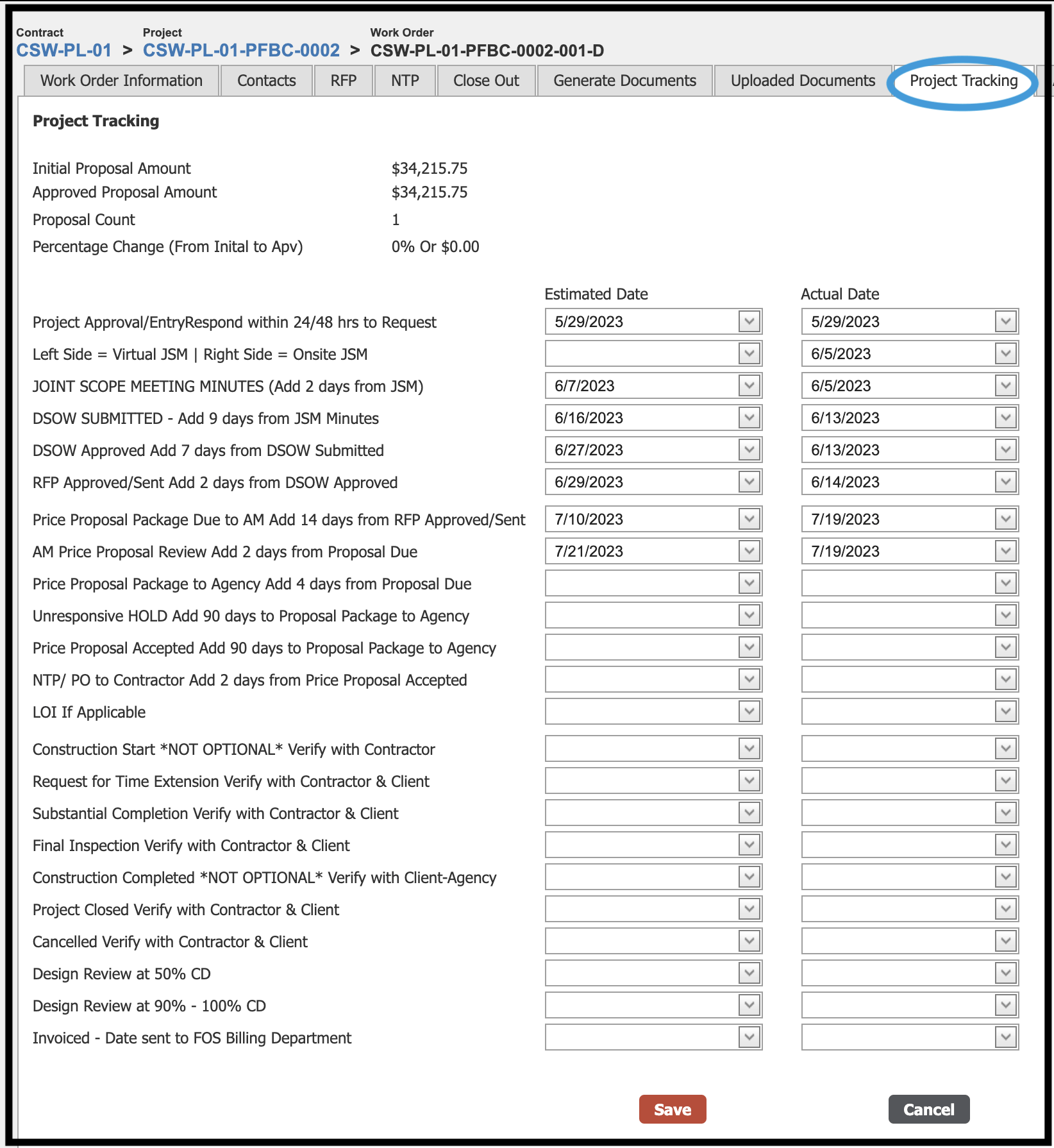 Work Order Project Tracking tab