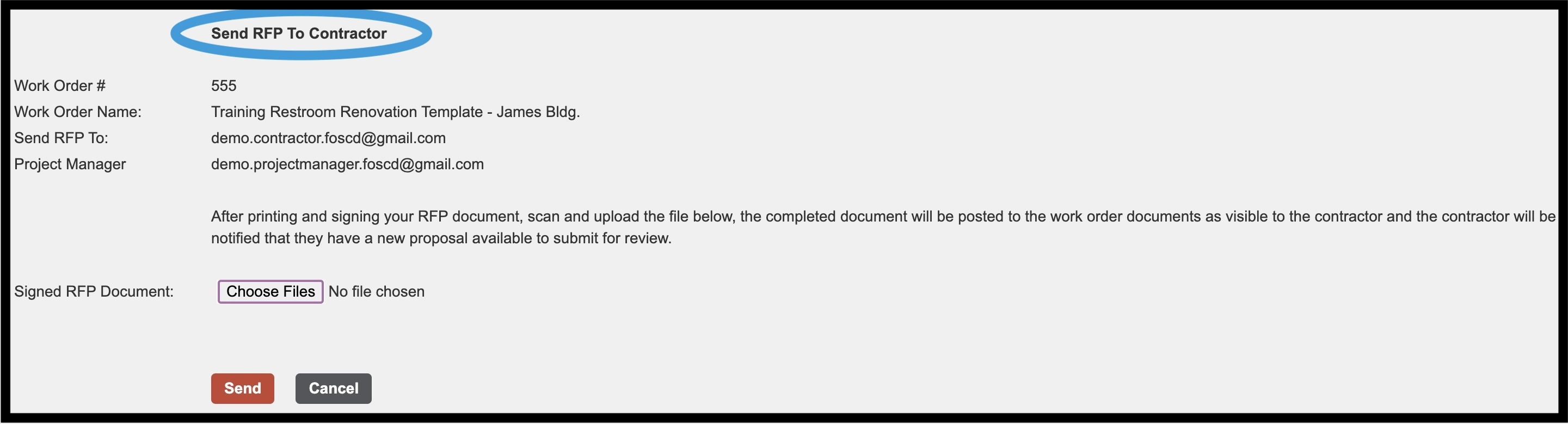 Send RFP to Contract Choose Files screen