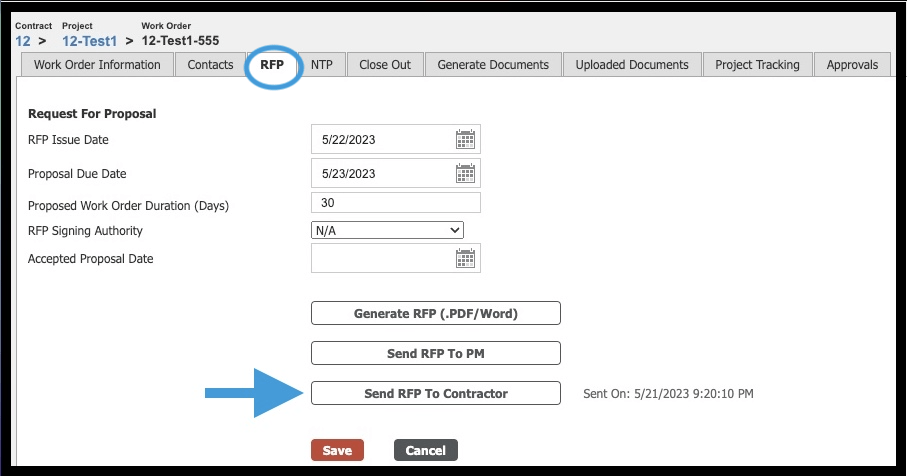 RFP tab with Send RFP to Contractor button higlighted