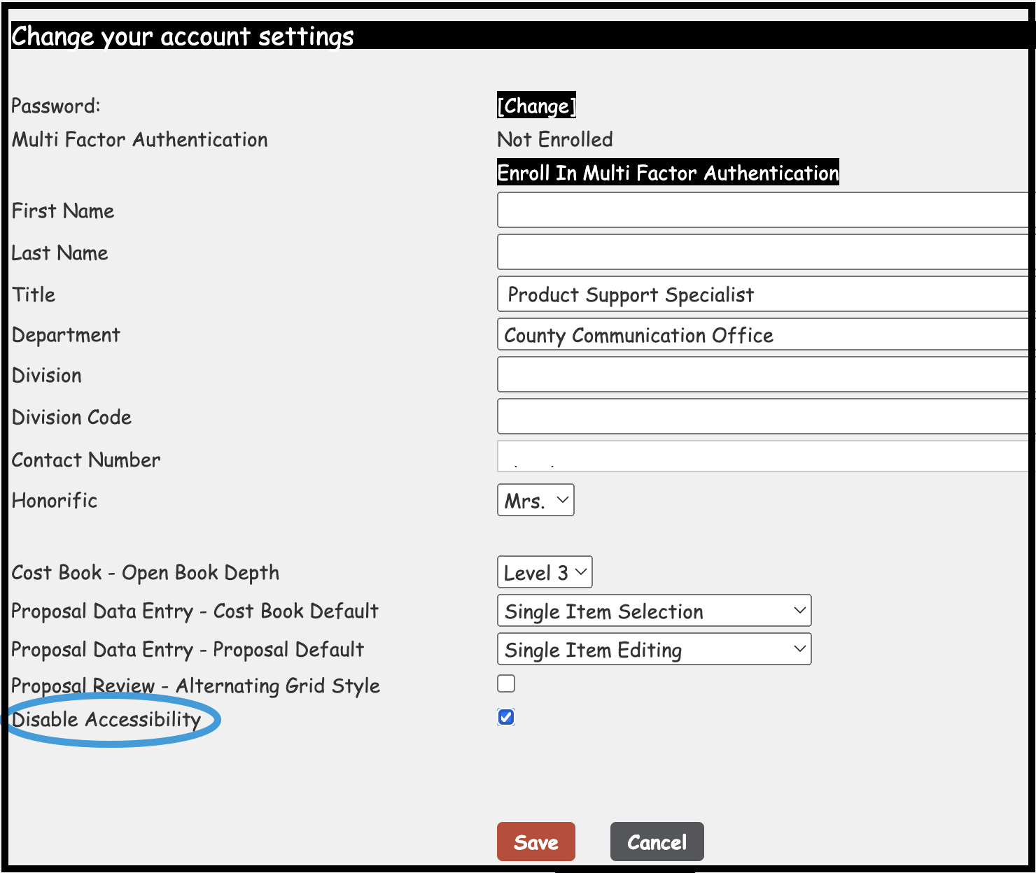 account settings screen highlighting location of Disable Accessibility checkbox