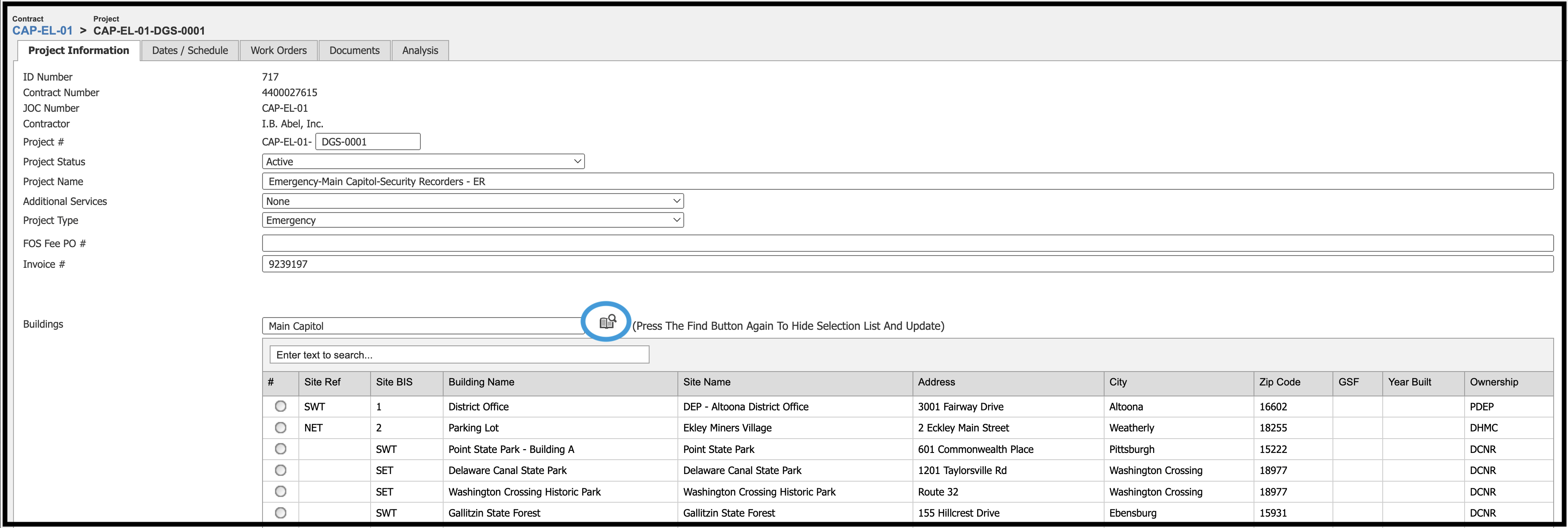 Project Information tab showing Building Selection search bar and icon