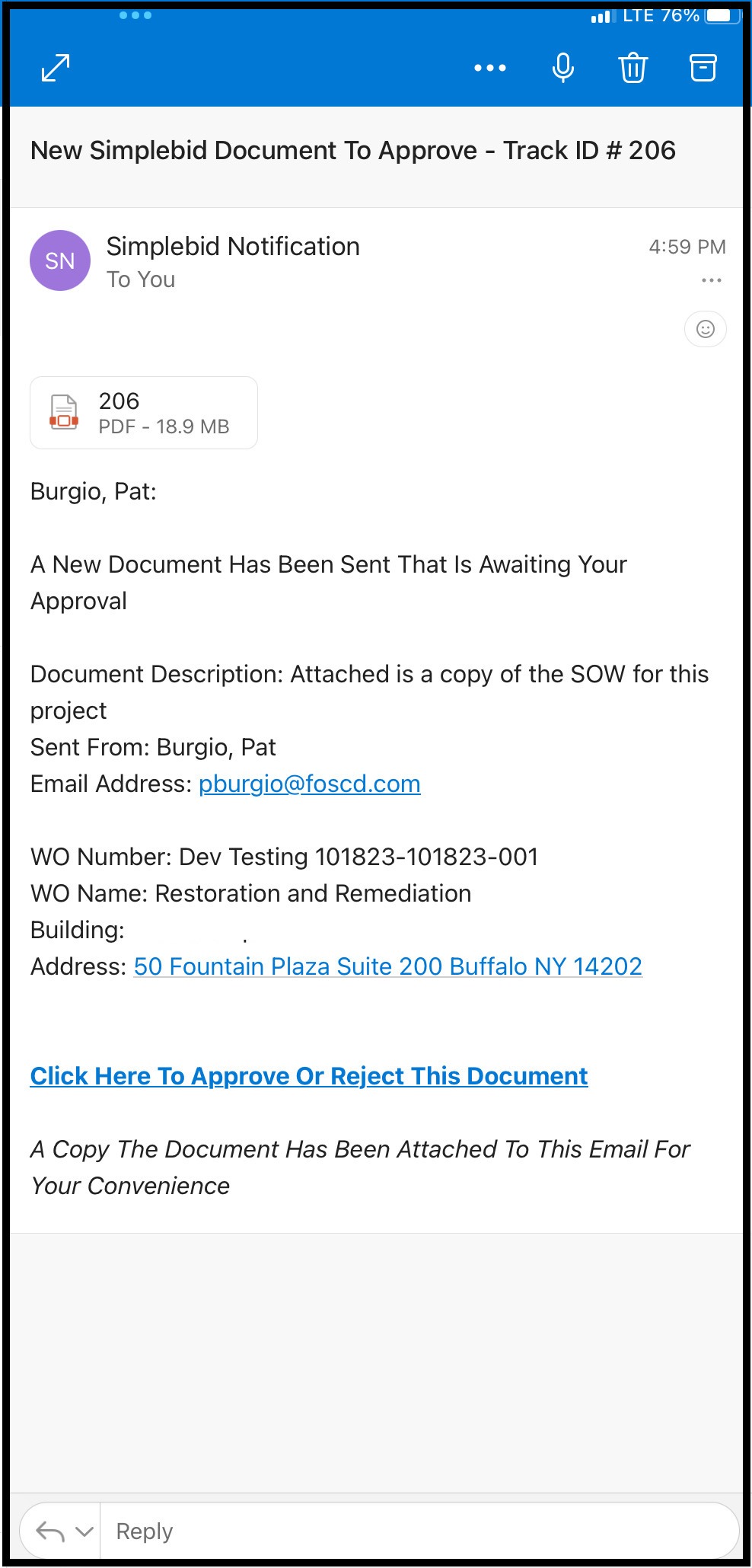 sample system-generated email sent to user's mobile device