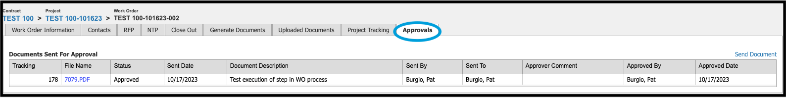 Work Order Approvals tab