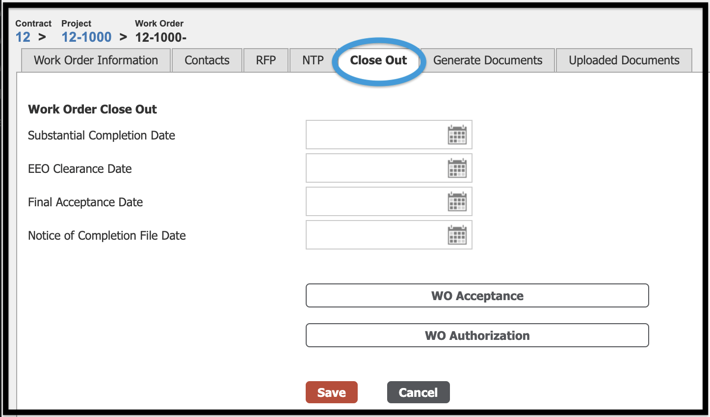 Work Order Close Out tab