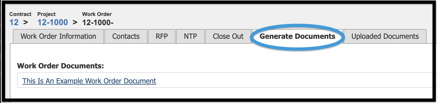 Work Order Generate Documents tab