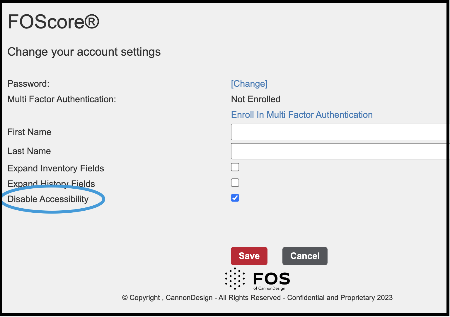 Disable Accessibility checkbox featured in Account Settings