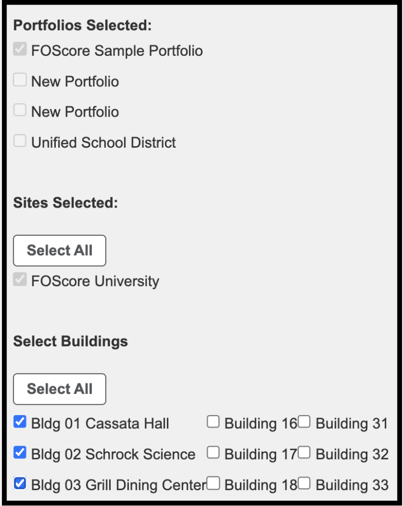 Buildings selection step in Project Planning Tool