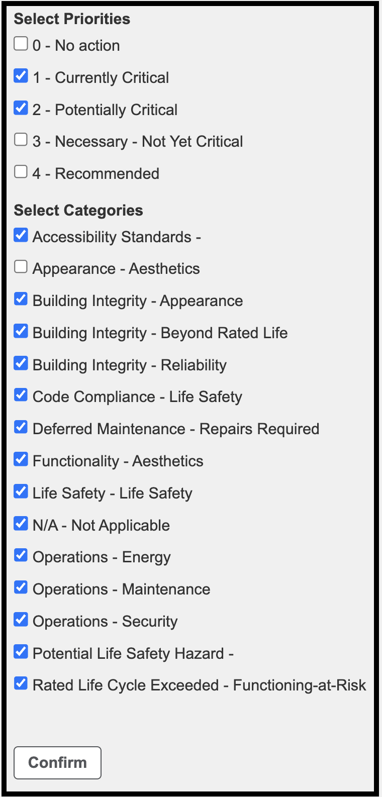 Priorities selection step in Project Planning Tool