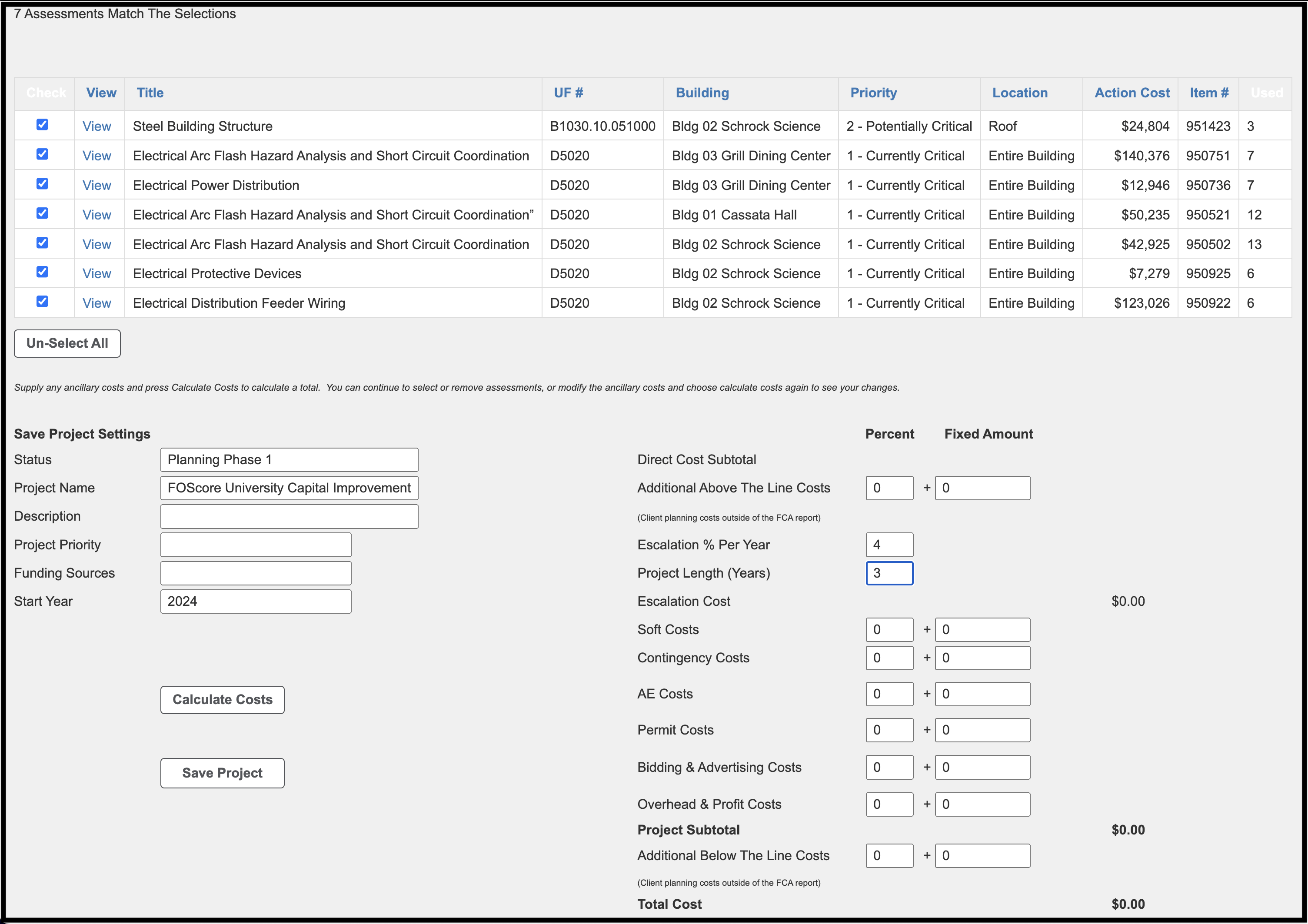 Project Planning Tool with all variables selected with 7 matching assessments 