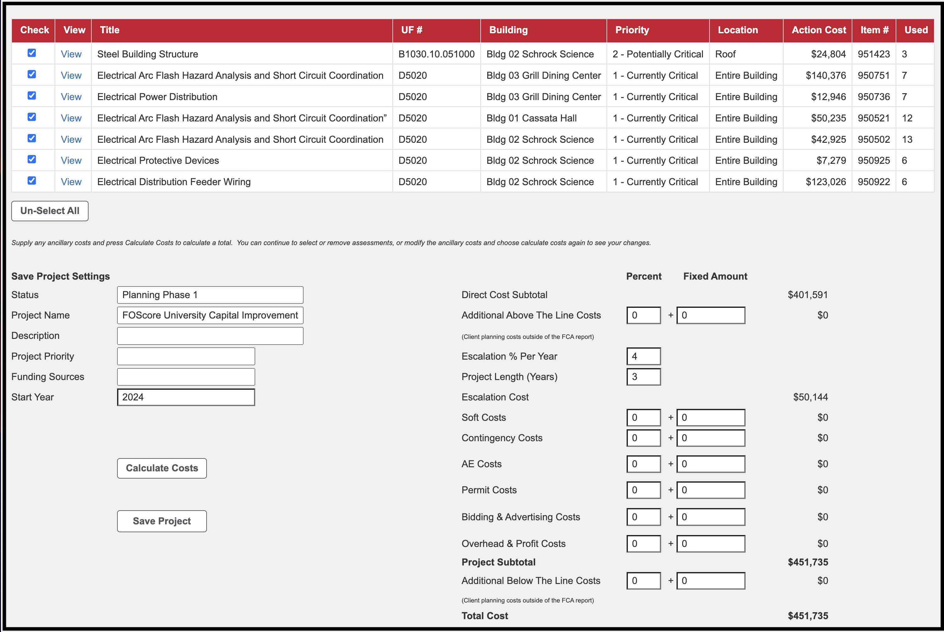 Project Planning Tool showing the addition of 4 percent escalation over 3 years