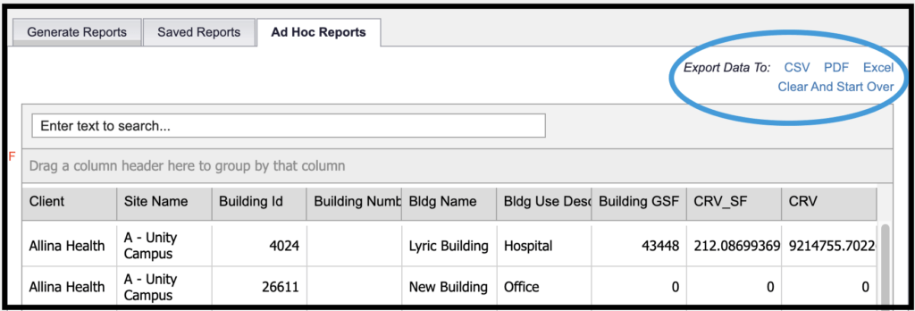 links to CSV, PDF, and Excel file export options as well as Clear and Start Over link