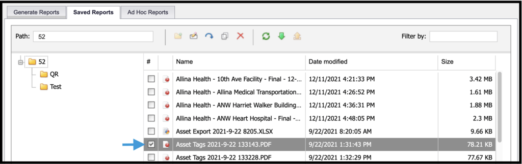 checkbox selecting report from list of all saved reports