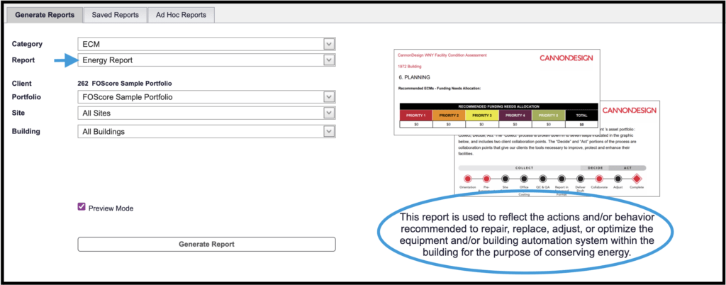 Report type dropdown menu and description of selected report