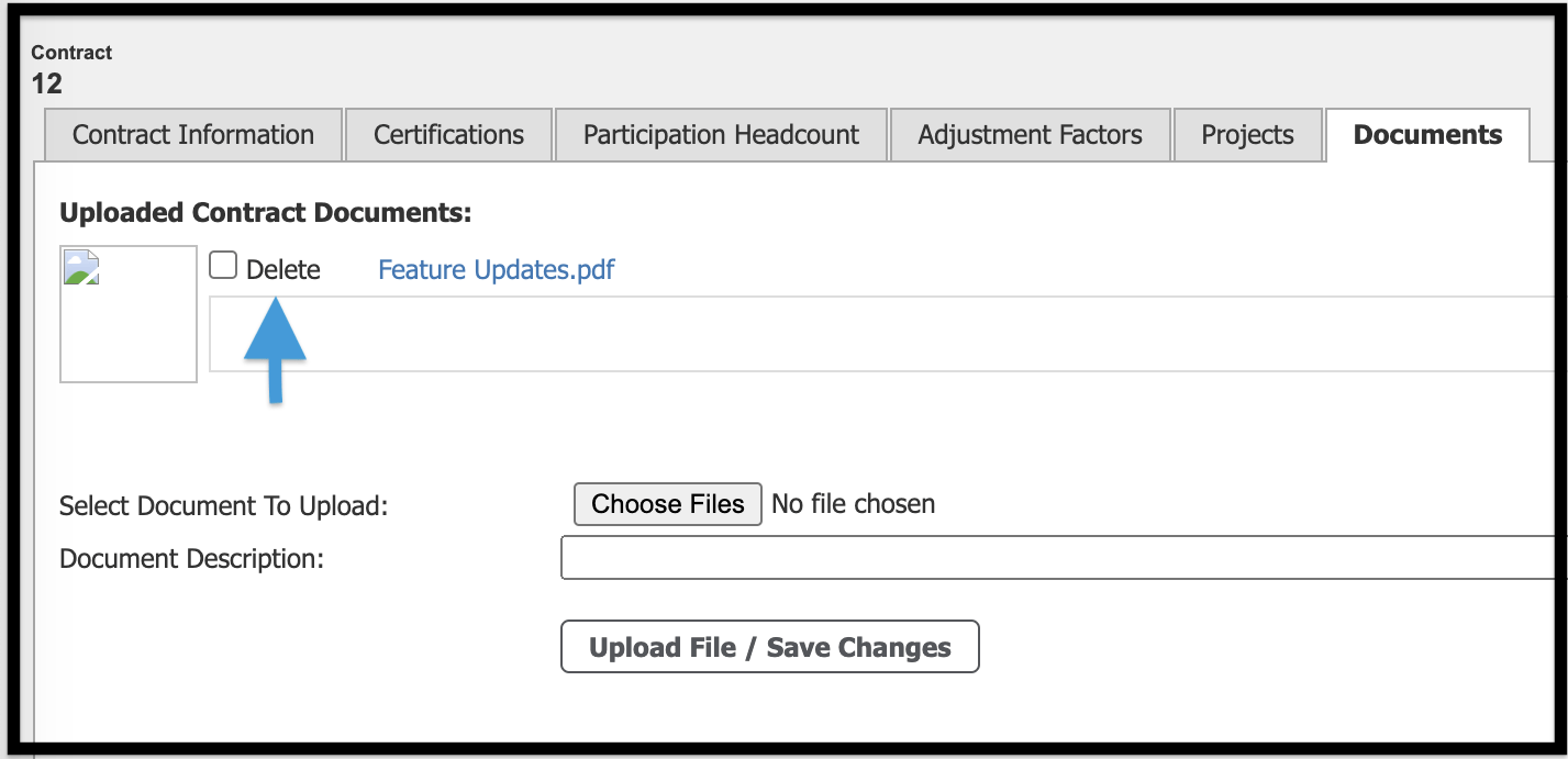 Documents tab with Delete checkbox highlighted