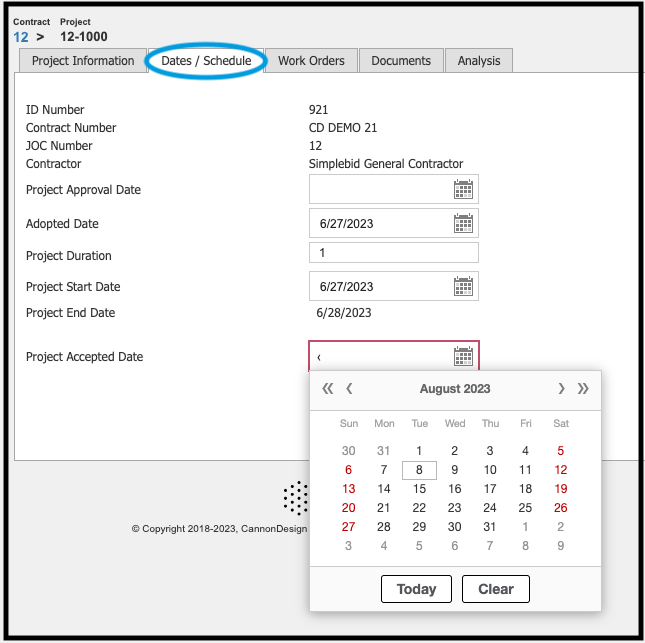 Projects Dates Schedule tab highlighted showing interactive calendar