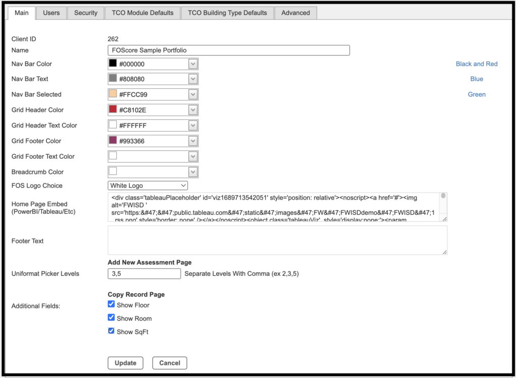 Manage Client Settings Main tab with sample content