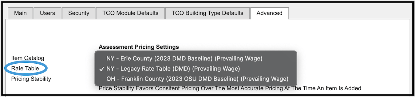 Rate Table dropdown menu highlighted in Advanced tab of Manage Client Settings