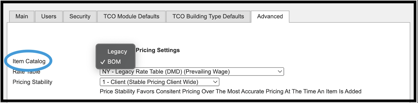 Item Catalog dropdown highlighted in Advanced tab of Manage Client Settings