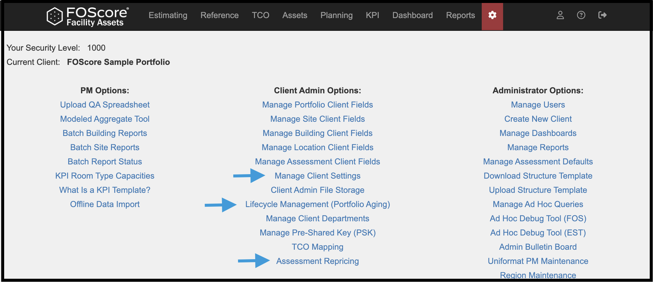 Pricing-associated links highlighted in Client Admin Options