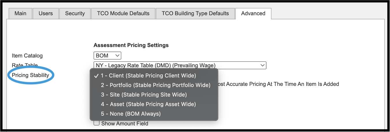 Pricing Stability dropdown menu highlighted in Manage Client Settings