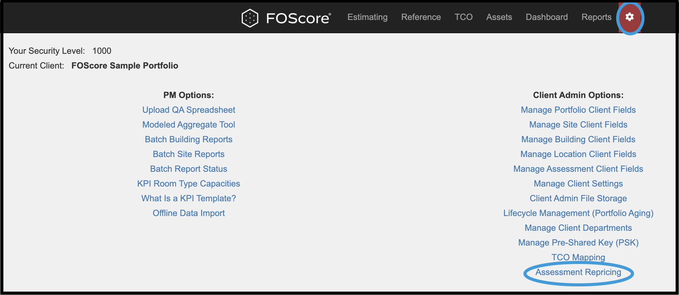 Assessment Repricing link shown on Admin screen