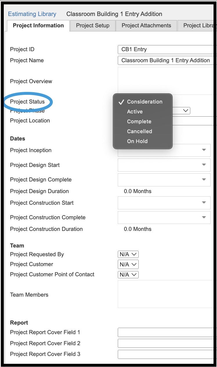 Project Status dropdown menu highlighted