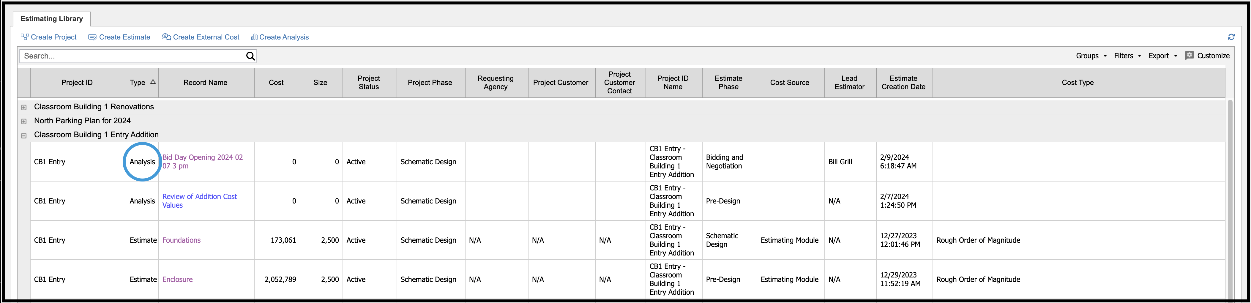 Analysis project type shown in grid