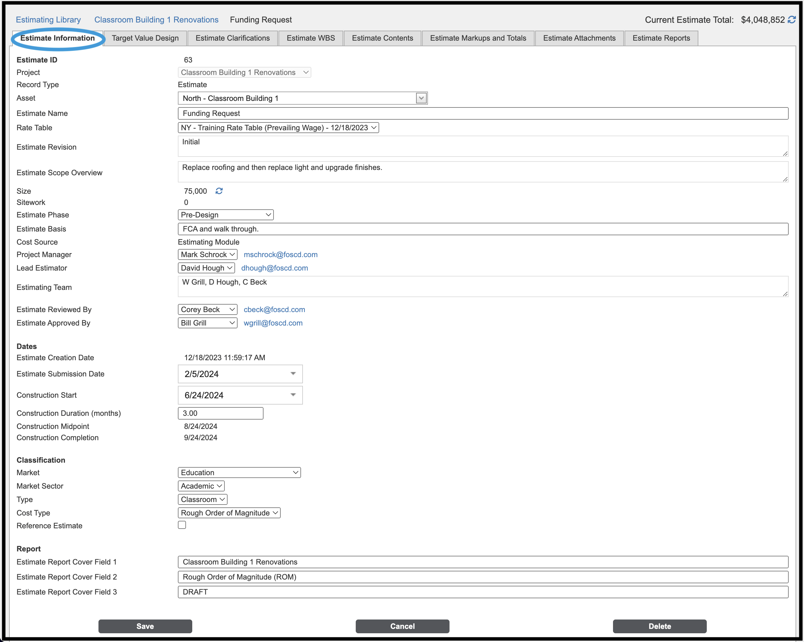 Estimate Information tab highlighted