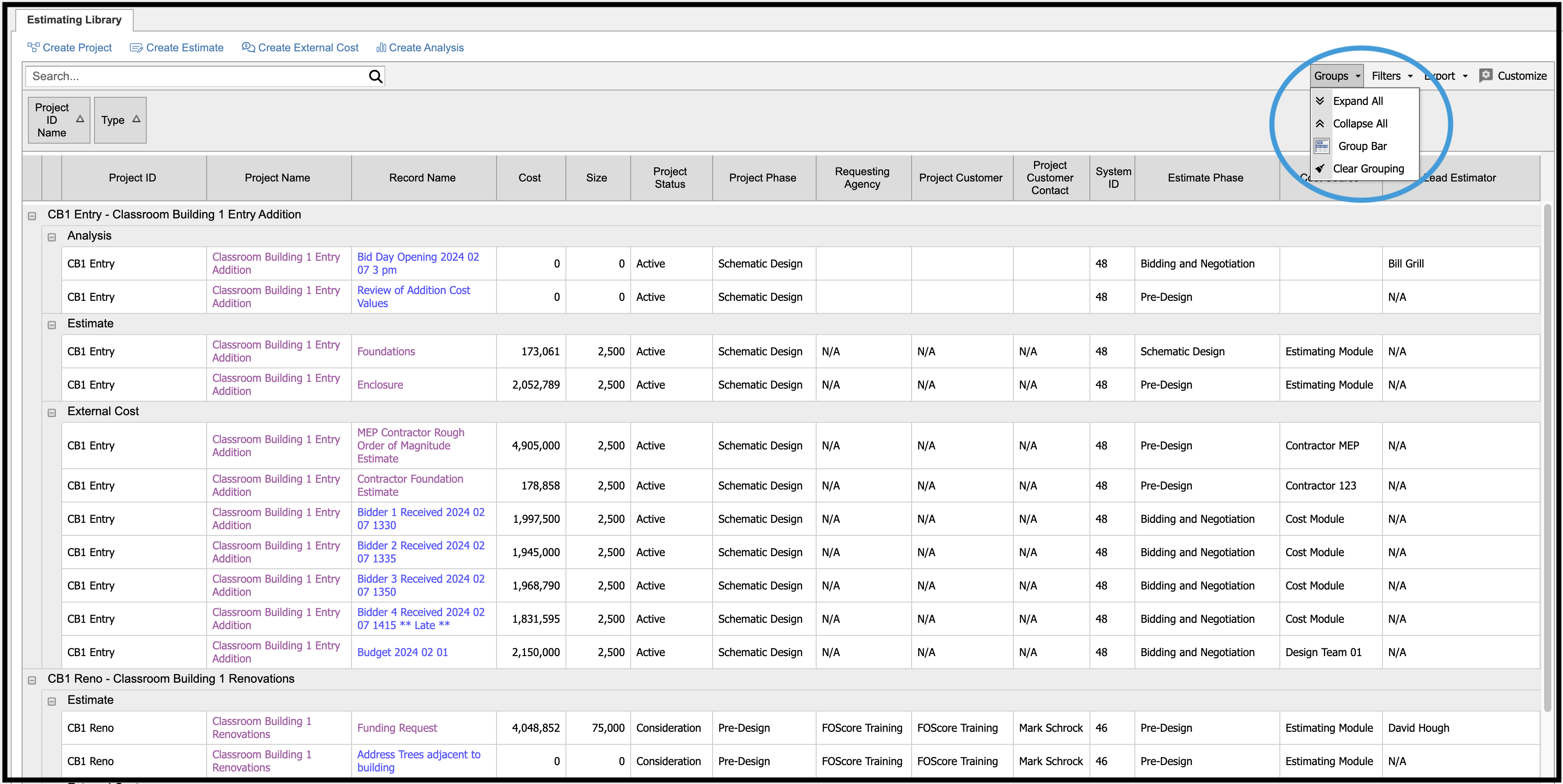 Groups dropdown menu highlighted on Estimating Library page