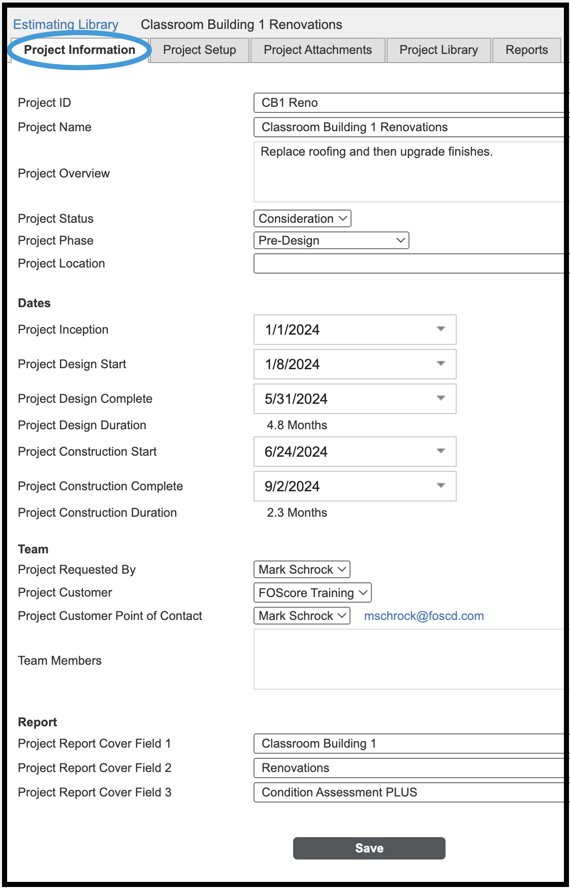 Estimating Project Information Tab highlighted
